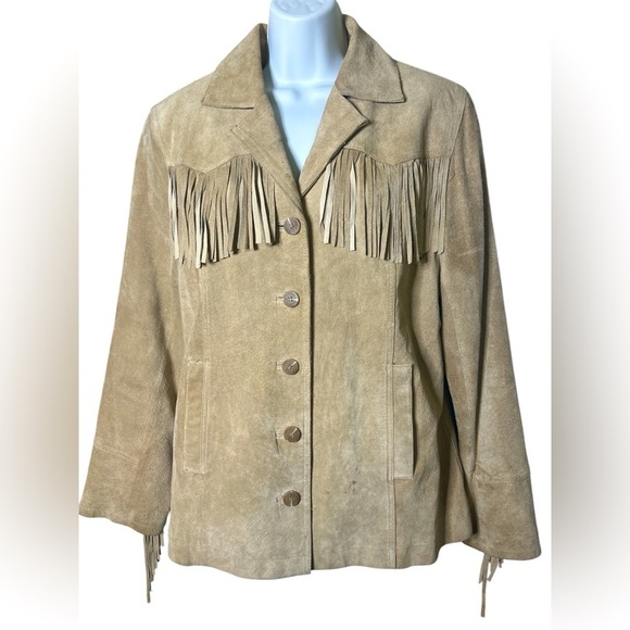 Vintage Esprit Tan Suede Leather Fringe Jacket Womens L Cowgirl Ranch Lux - Picture 1 of 14